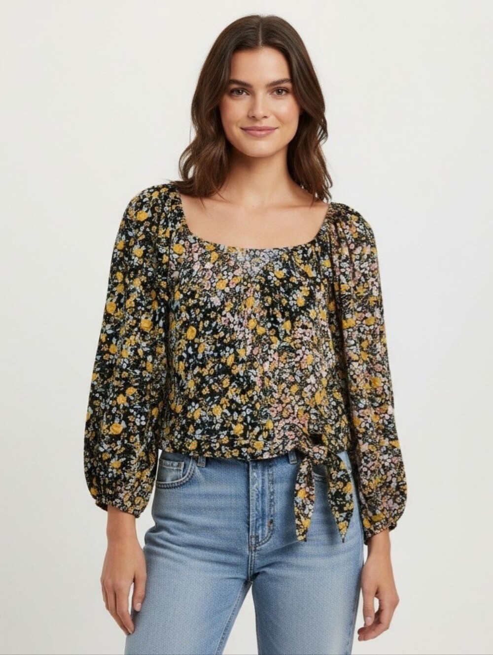 BCBG Floral Top Size XS Boho Cottagecore Blue Yellow Pink NEW